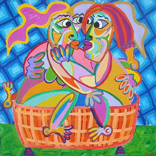 Painting Tubkiss of Twan de Vos, a kissing couple sitting outside in the nice hot tub to bath