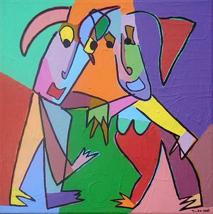 Kubistisch schilderij van een ontmoeting tussen twee mensen, acryl op linnen, 40 x 40 cm