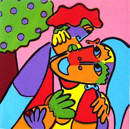 Zeefdruk paradijselijke kus 3, van Twan de Vo,k man en vrouw die elkaar kussen onder een appelboom.